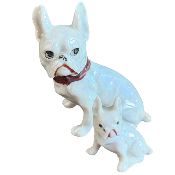 Vintage Other - French bulldogs Japan ceramic iridescent mom puppy white